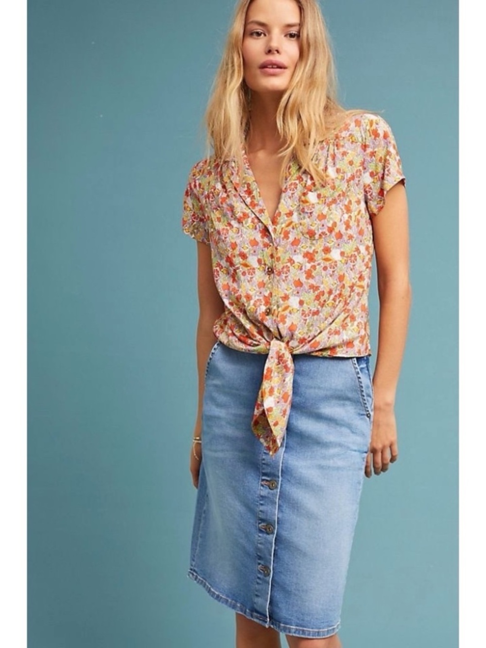 Anthropologie Maeve Citrus Floral Tie Front Blouse Size 4